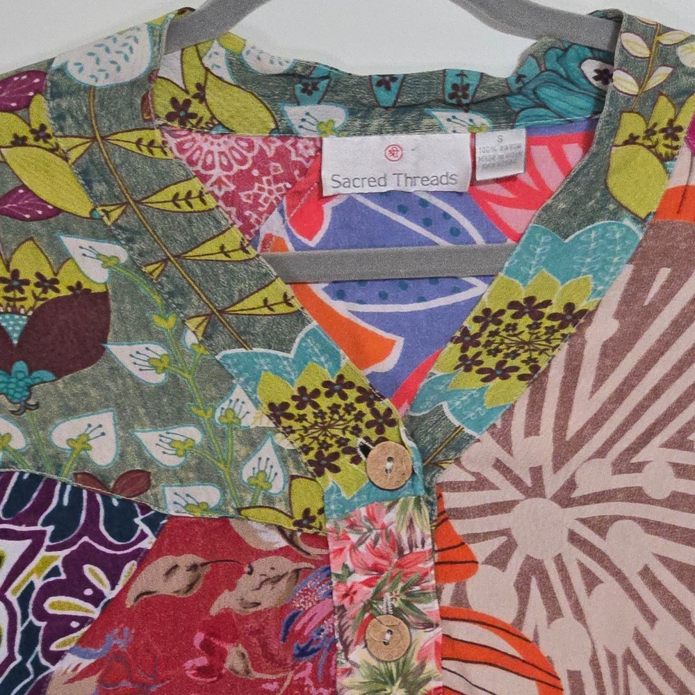 Sacred Threads Bohemian Indie Patchwork Rayon Button up Kimono Top Blouse Size S - Picture 3 of 12
